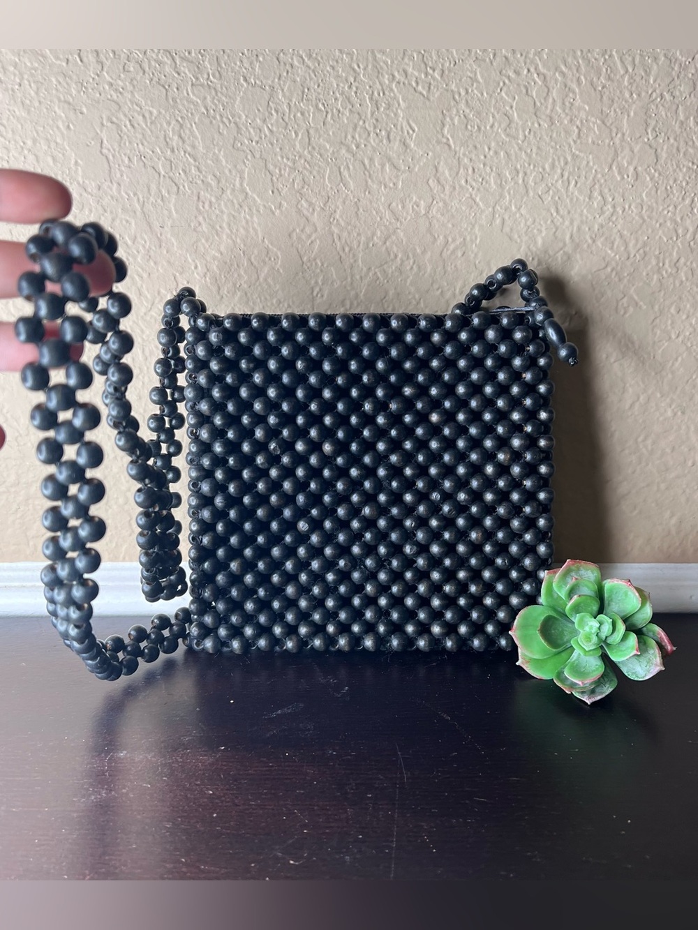Vintage Black Wooden Bead Crossbody Bag Beaded Boho Purse